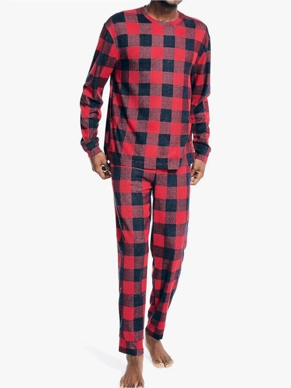 Nautica Men's Red & Navy Plaid Waffle Knit Sweater PJ Set Medium